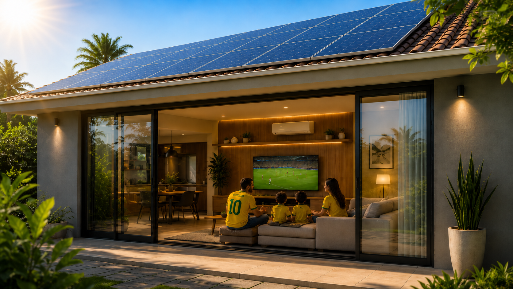 Família em casa com painéis solares Reduz Solar Tech